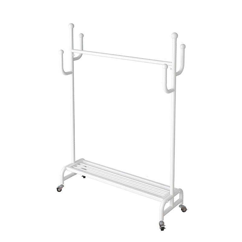 Classic Metal Clothes Hanger Castors Detail Free Standing Coat Rack with Storage Shelving