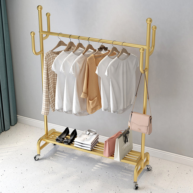 Classic Metal Clothes Hanger Castors Detail Free Standing Coat Rack with Storage Shelving