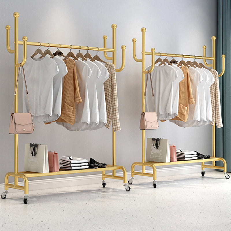 Classic Metal Clothes Hanger Castors Detail Free Standing Coat Rack with Storage Shelving