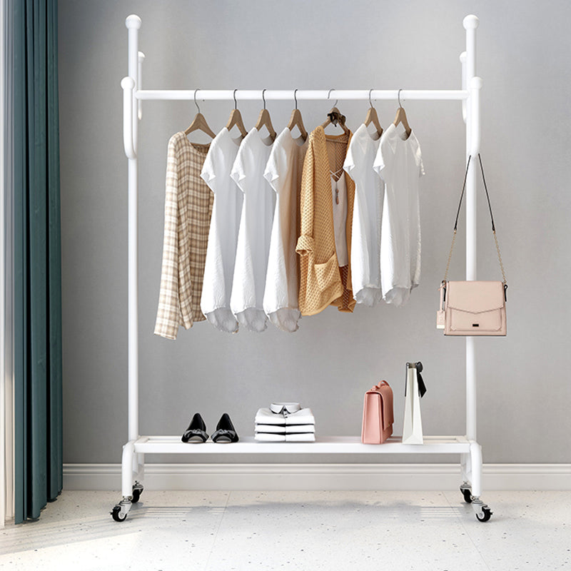 Classic Metal Clothes Hanger Castors Detail Free Standing Coat Rack with Storage Shelving