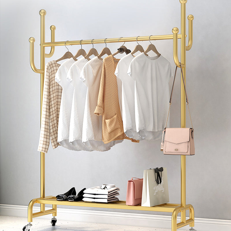 Classic Metal Clothes Hanger Castors Detail Free Standing Coat Rack with Storage Shelving