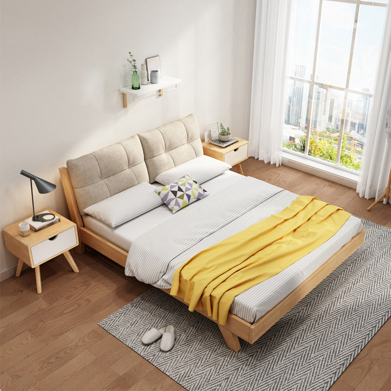 84.65 inch Wide Mid-century Bed Frame Solid Wood Bed with Upholstered Headboard