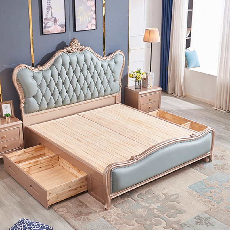 84.65 inch Wide Victorian Bed Frame Rubberwood Standard Bed with Upholstered Headboard