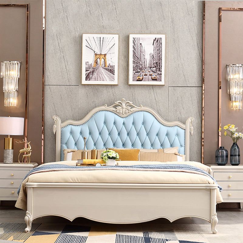 84.65 inch Wide Victorian Standard Bed Rubberwood Bed Frame with Upholstered Headboard