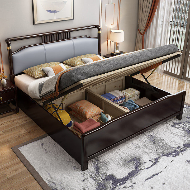 84.65 inch Wide Mid-century Bed Frame Rubberwood Bed with Upholstered Headboard