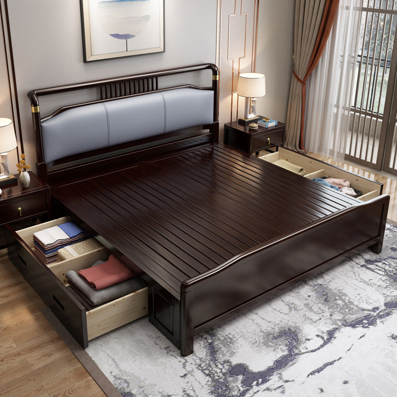 84.65 inch Wide Mid-century Bed Frame Rubberwood Bed with Upholstered Headboard