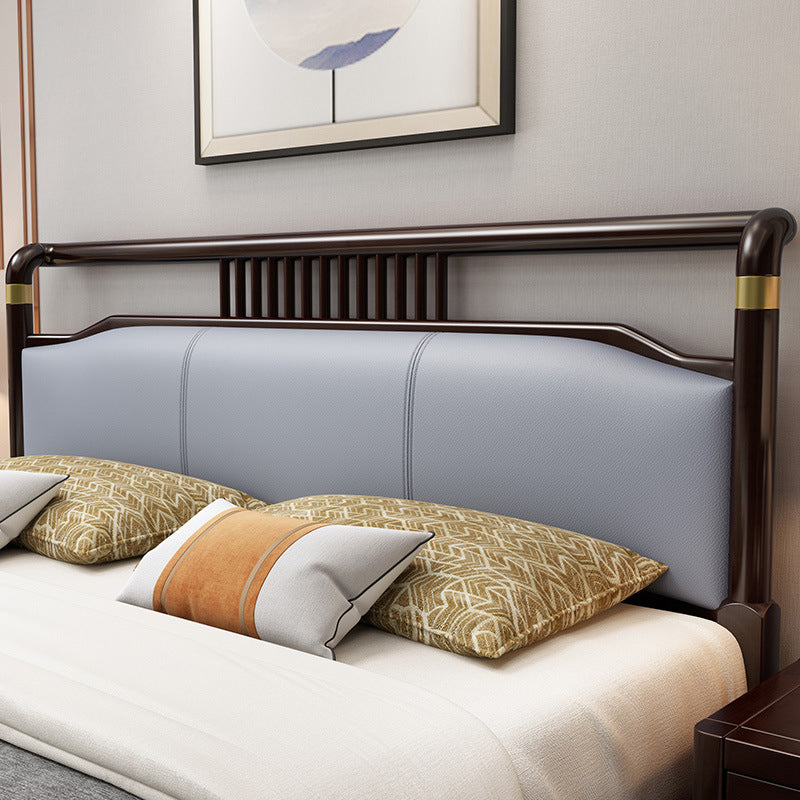 84.65 inch Wide Mid-century Bed Frame Rubberwood Bed with Upholstered Headboard