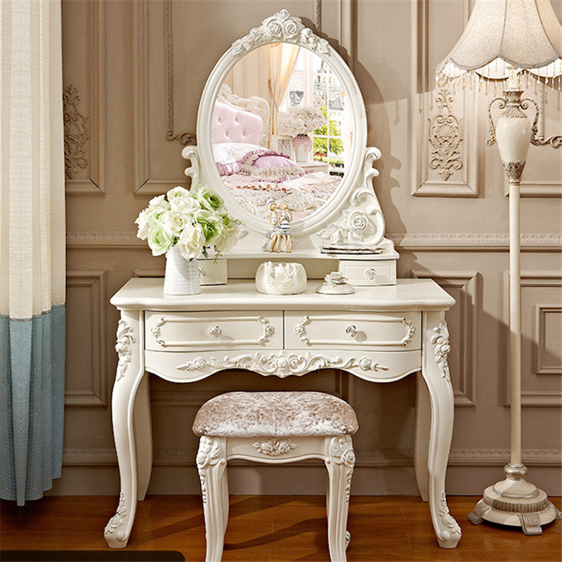 Victorian Mirrored Wood Makeup Dressing Table Stool Set in White