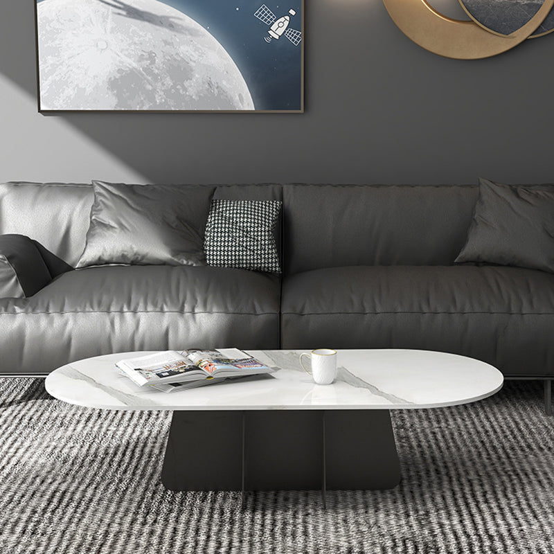 Glam Style Oval Coffee Table with Marble Top and Iron Base in Black