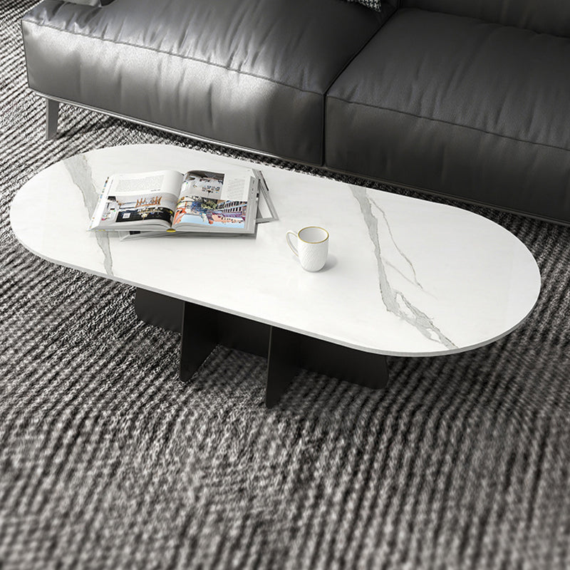 Glam Style Oval Coffee Table with Marble Top and Iron Base in Black