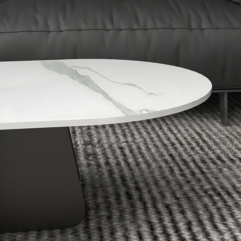 Glam Style Oval Coffee Table with Marble Top and Iron Base in Black