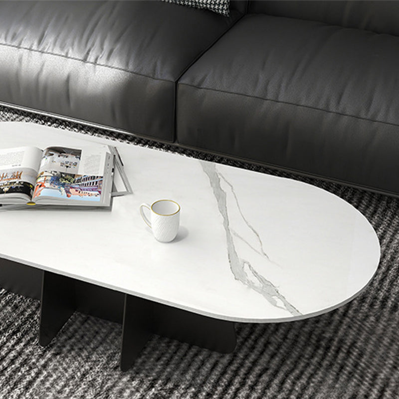 Glam Style Oval Coffee Table with Marble Top and Iron Base in Black