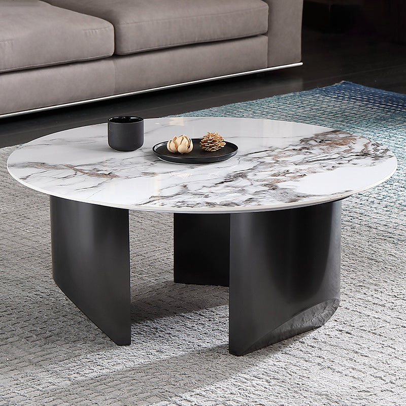 Glam White Coffee Table with 3 Black Steel Legs and Stone Top