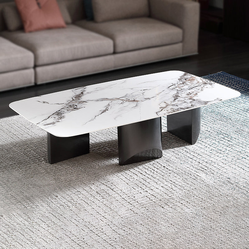 Glam White Coffee Table with 3 Black Steel Legs and Stone Top