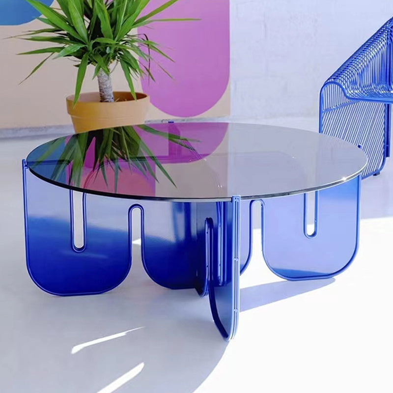 Contemporary Round Coffee Table with Glass Top and Acrylic Cross Base