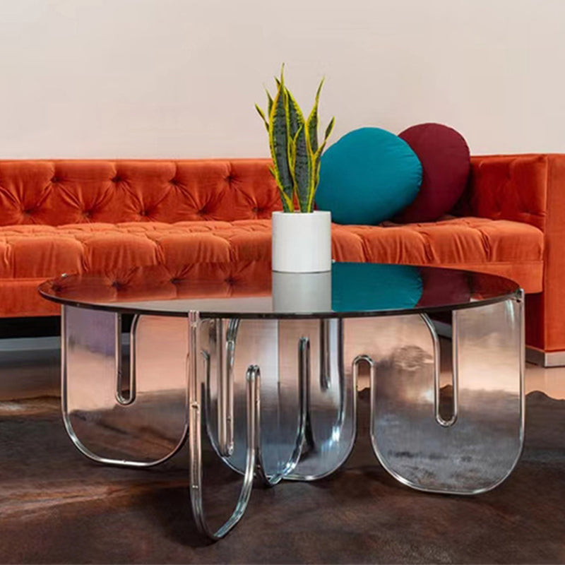 Contemporary Round Coffee Table with Glass Top and Acrylic Cross Base