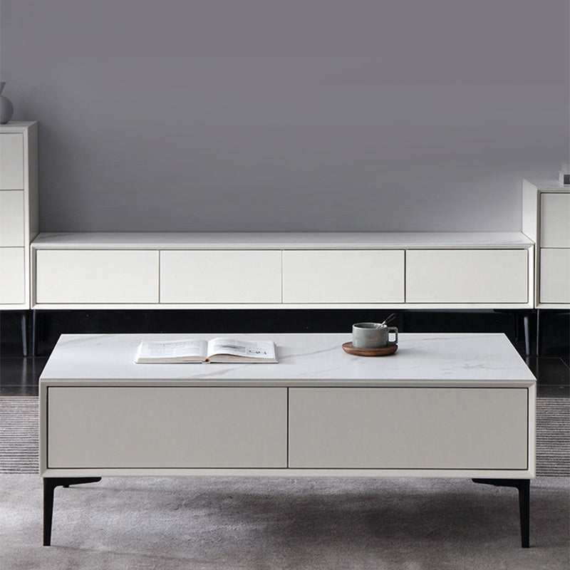 Glam Rectangle White Coffee Table with 4 Drawers and 4 Metal Legs