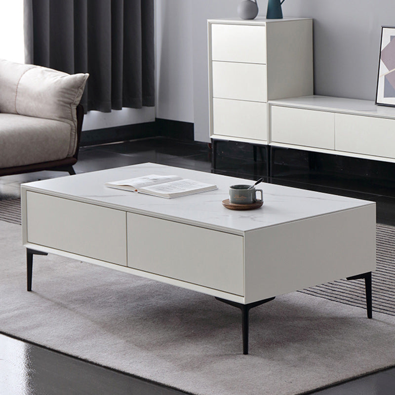 Glam Rectangle White Coffee Table with 4 Drawers and 4 Metal Legs
