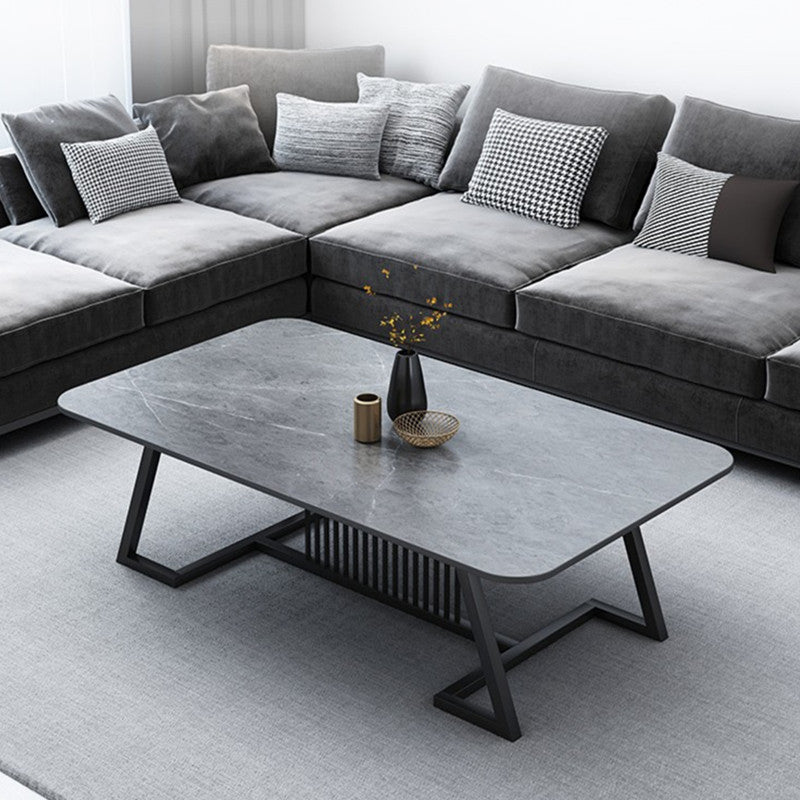 Rectangle Stone Top Coffee Table with Black Metal Trestle Base