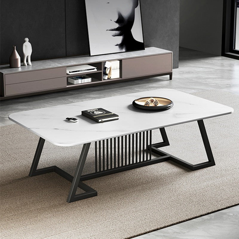 Rectangle Stone Top Coffee Table with Black Metal Trestle Base