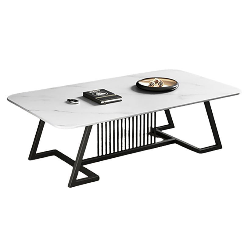 Rectangle Stone Top Coffee Table with Black Metal Trestle Base