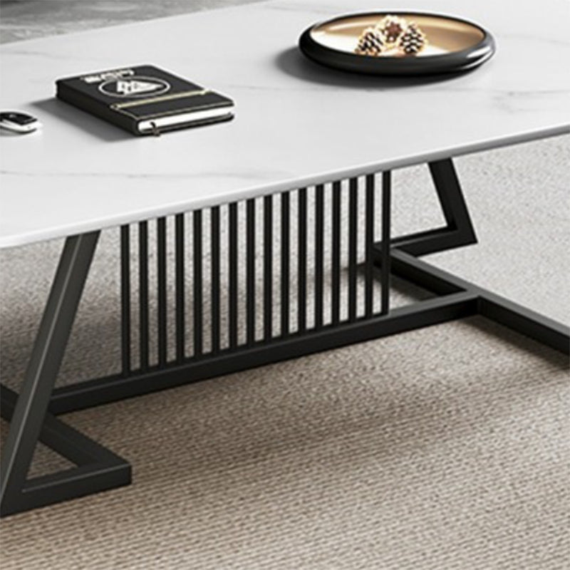 Rectangle Stone Top Coffee Table with Black Metal Trestle Base