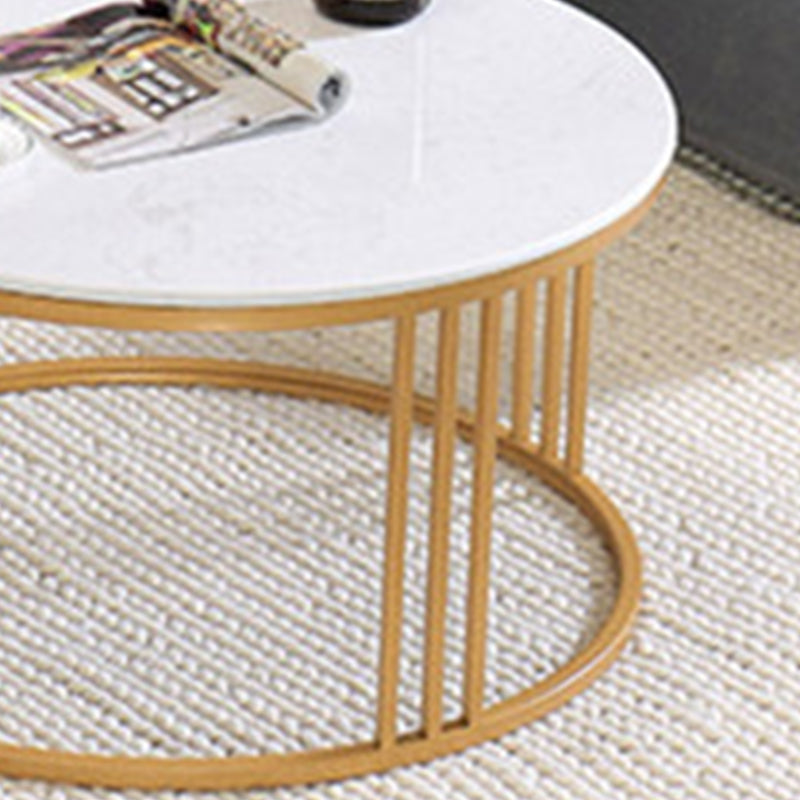 Glam Style White Round Coffee Table with Marble Top and Iron Frame Base