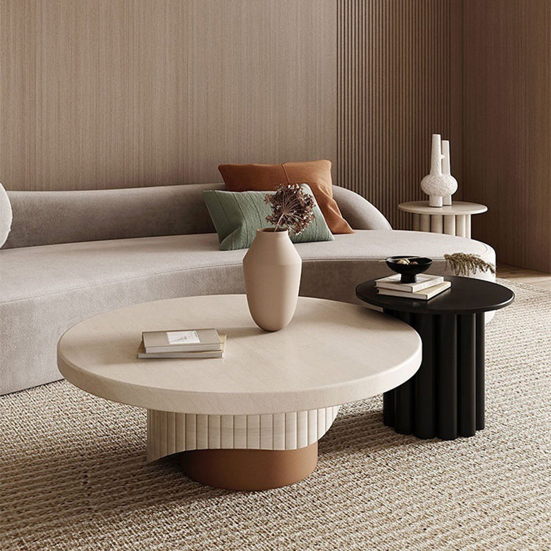 Round Sold Wooden Coffee Table with One Leg Base for Living Room