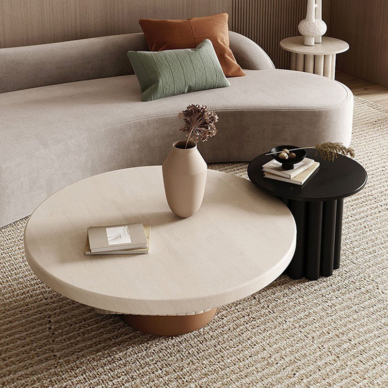 Round Sold Wooden Coffee Table with One Leg Base for Living Room