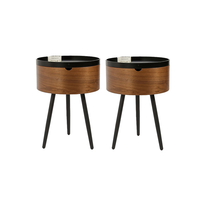 Modern Style Round 3 Legs Side Table Set in Black with Storage