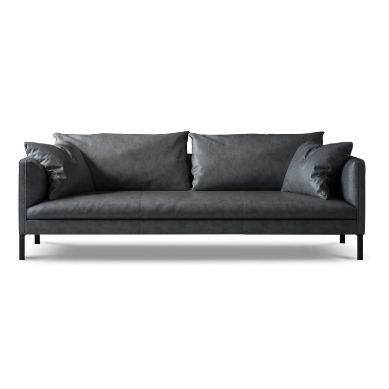 Gray/Green Leather Stationary Sofa 3-seat Tuxedo Arm Sofa with Pillows