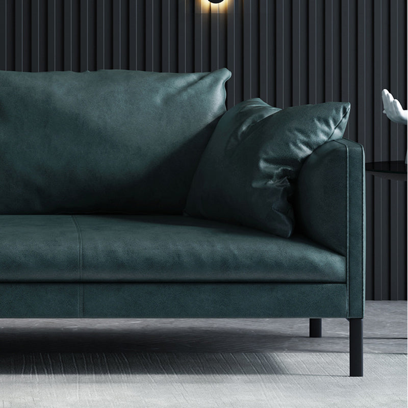 Gray/Green Leather Stationary Sofa 3-seat Tuxedo Arm Sofa with Pillows