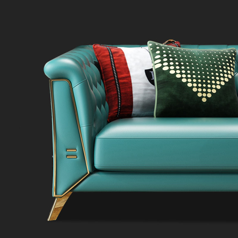 Contemporary Tufted Back Chesterfield Settee Genuine Leather Rolled Arm Sofa