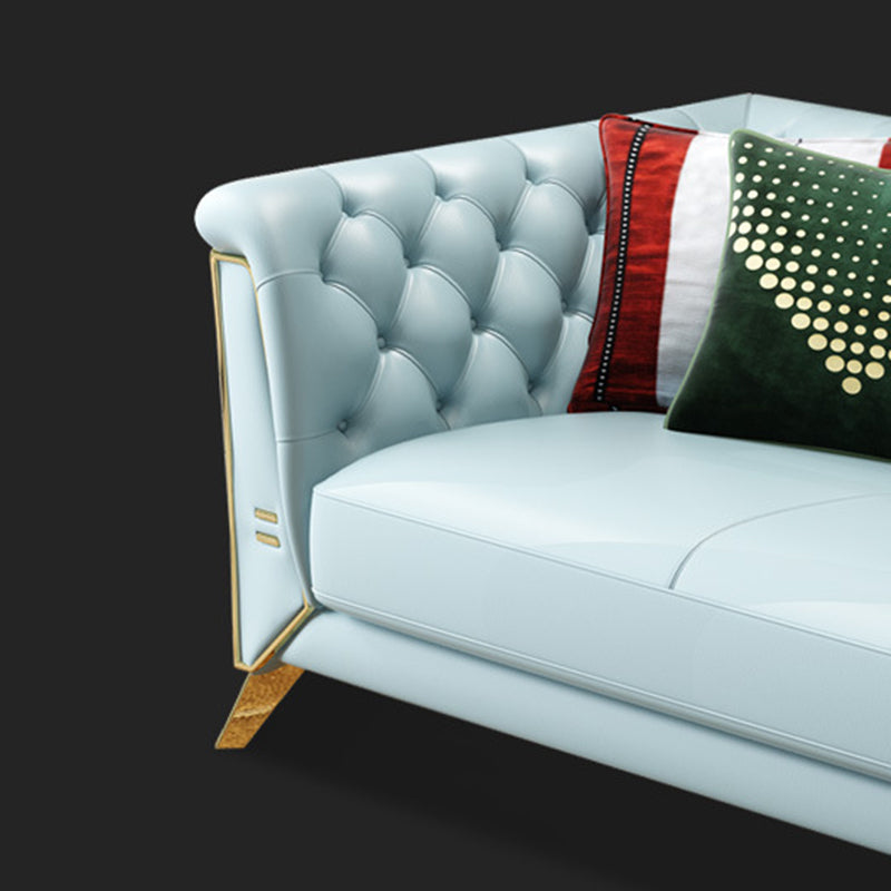 Contemporary Tufted Back Chesterfield Settee Genuine Leather Rolled Arm Sofa