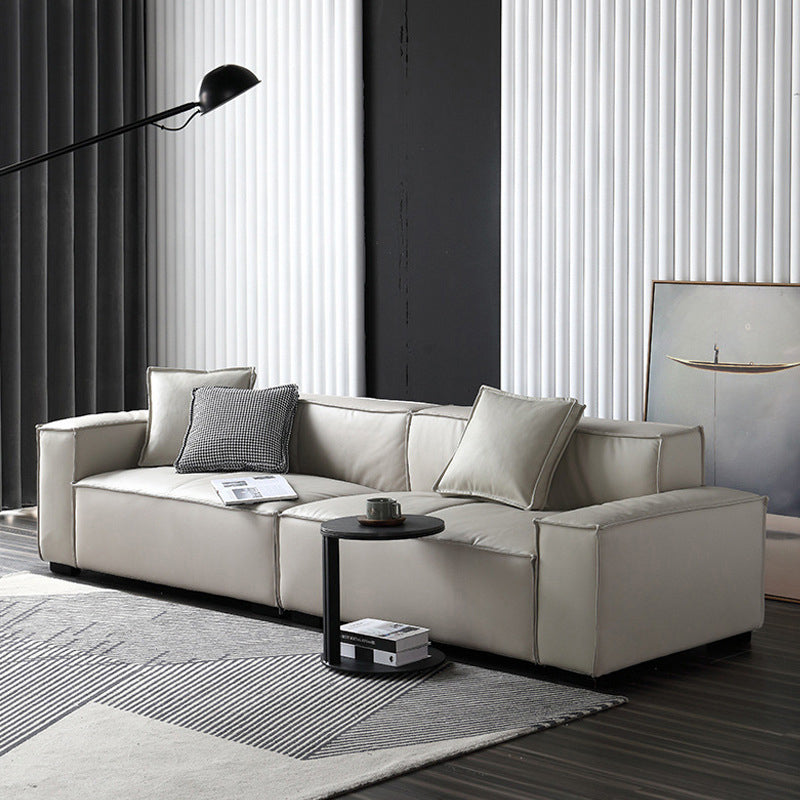 Genuine Leather Square Arm Sofa Contemporary Standard Sofa with 3 Pillows