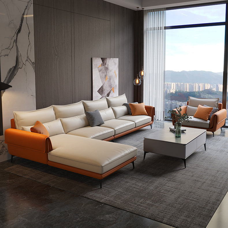 Flared Arm Sectional with Chaise Orange Faux Leather 4-seat Sectional