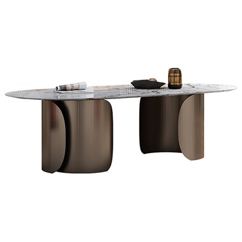 Modern Oval Dining Table Stainless Steel Base Double Pedestal Table for Room