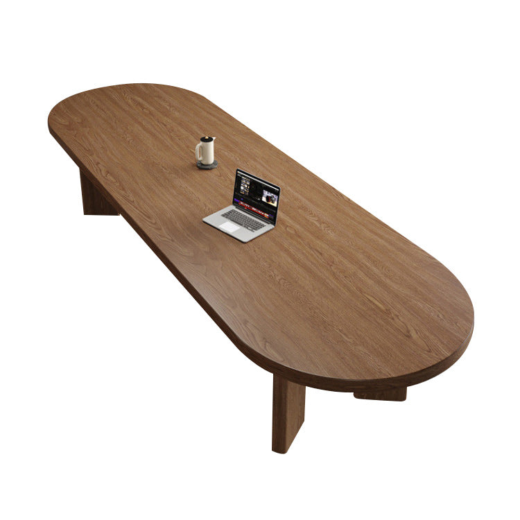 Solid Wood Top Dining Table Modern Oval Table with 4 Legs in Brown