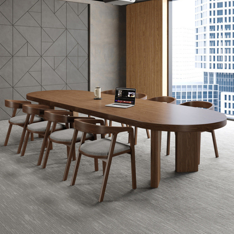 Solid Wood Top Dining Table Modern Oval Table with 4 Legs in Brown