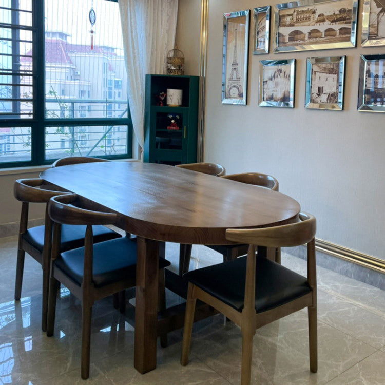 Solid Wood Top Dining Table Modern Oval Table with 4 Legs in Brown