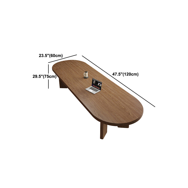 Solid Wood Top Dining Table Modern Oval Table with 4 Legs in Brown