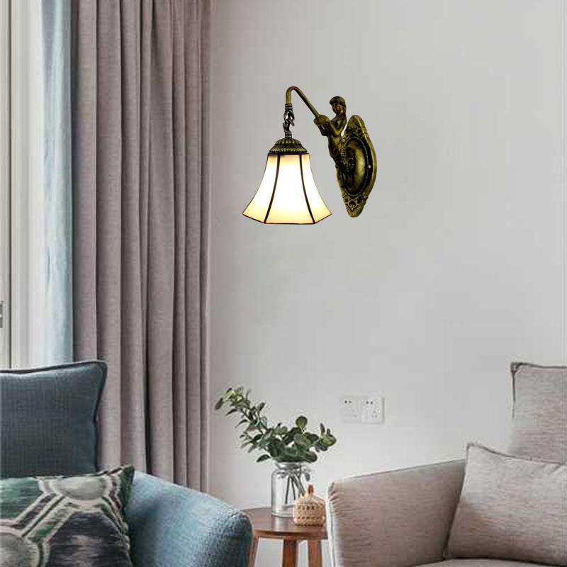 Flared Wall Light Fixture Tiffany Blue/Beige Glass 1 Head Antique Bronze Sconce Lighting