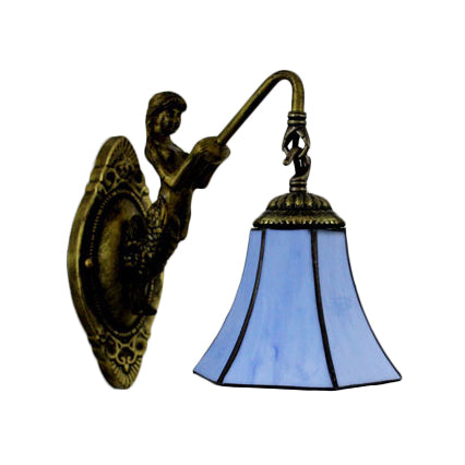 Flared Wall Light Fixture Tiffany Blue/Beige Glass 1 Head Antique Bronze Sconce Lighting