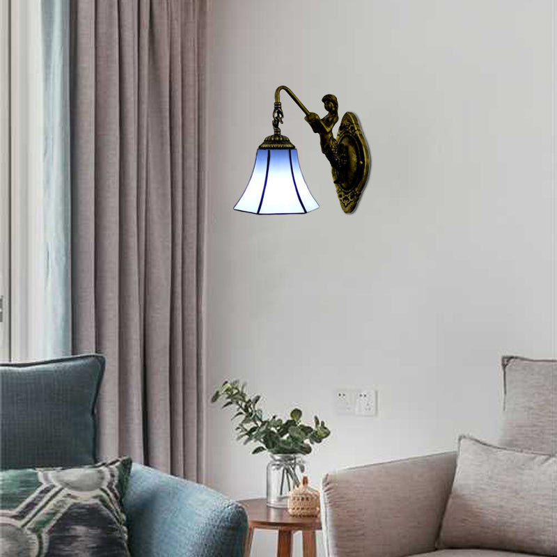 Flared Wall Light Fixture Tiffany Blue/Beige Glass 1 Head Antique Bronze Sconce Lighting