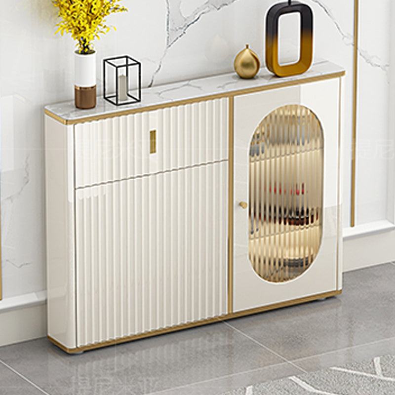 White Buffet Server with Glass Doors Glam Dining Server for Kitchen