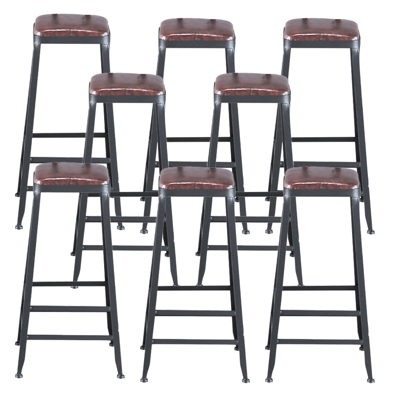 Industrial Armless Counter Stool Iron Bar Stool with Pedal and Leather Cushion