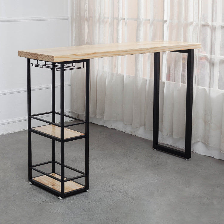 Natural Rectangle Bar Dining Table Pedestal Solid Wood Bar Height Table with Shelves