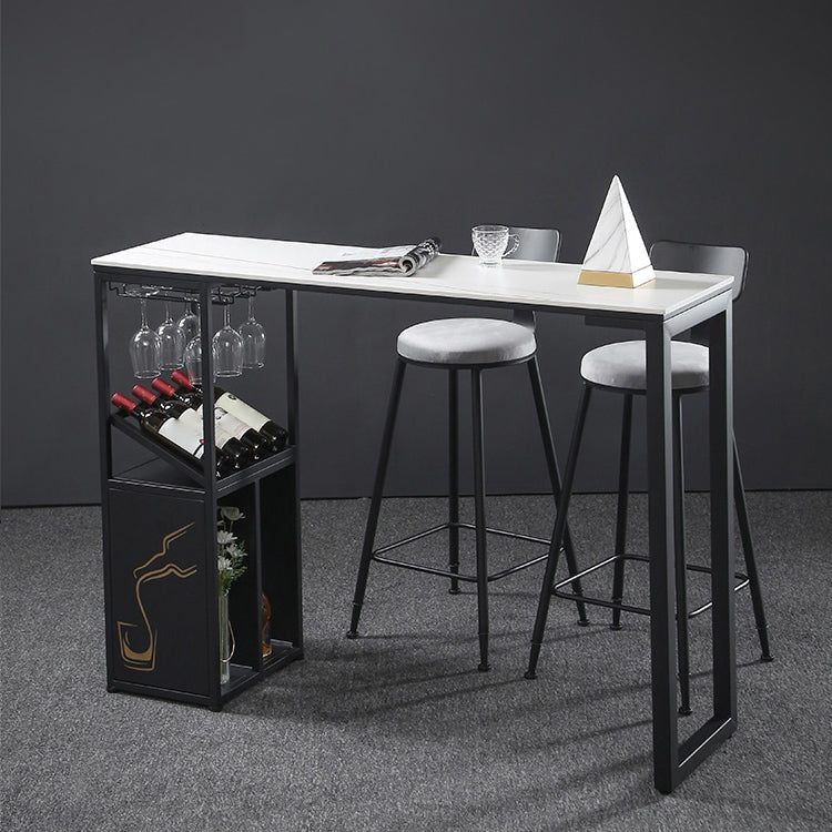 Industrial Rectangle Pub Table White Sintered Stone Bar Height Cocktail Table with Shelves