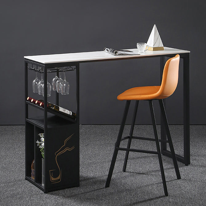 Industrial Rectangle Pub Table White Sintered Stone Bar Height Cocktail Table with Shelves