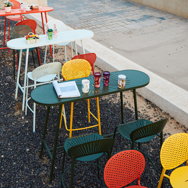 Industrial Outdoor Oval Bar Dining Table Metal Bar Table with Trestle Base